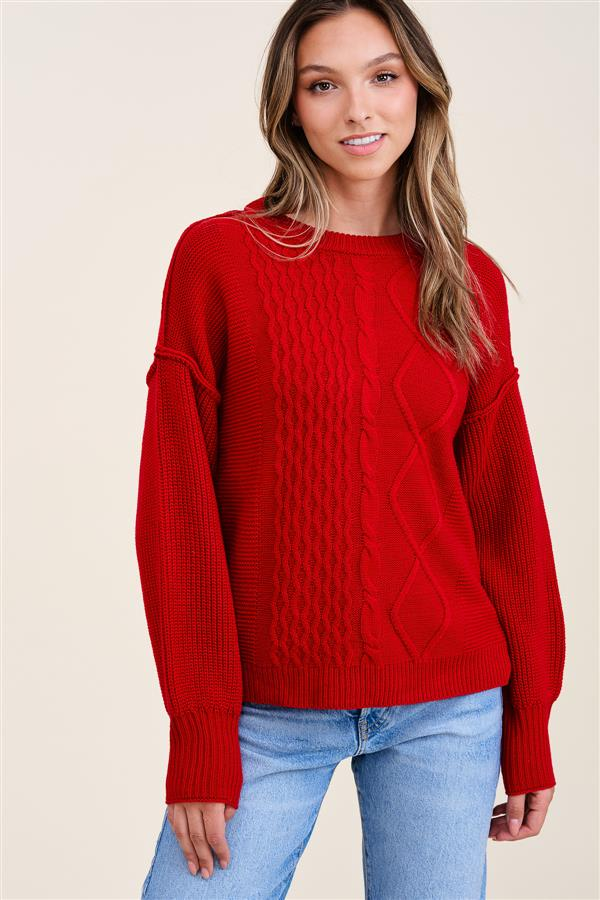 
            
                Load image into Gallery viewer, Clara Balloon Sleeve Cable Sweater Red
            
        
