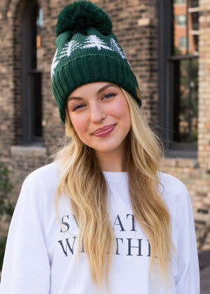 Pom Hat - Green w/ White Trees