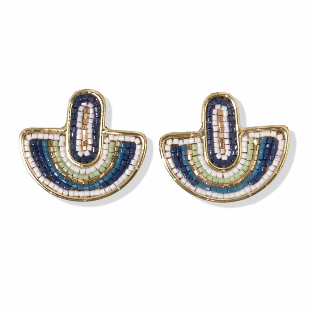 Peacock Ivory Beads Oval Half Circle Post Earrings