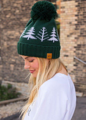 Pom Hat - Green w/ White Trees