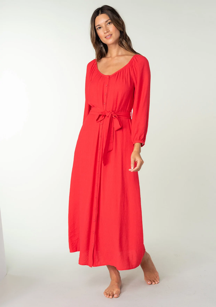 Long Sleeve Button Down Tie Waist Maxi Dress Red Mapel Boutique